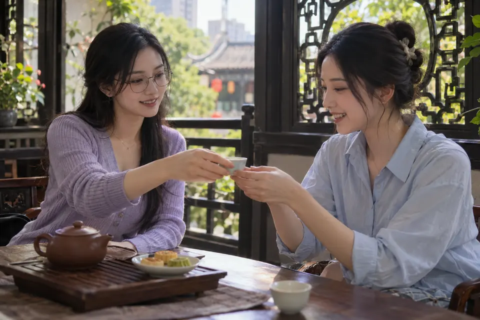 花窗旁茶点与茶杯的茶友交流