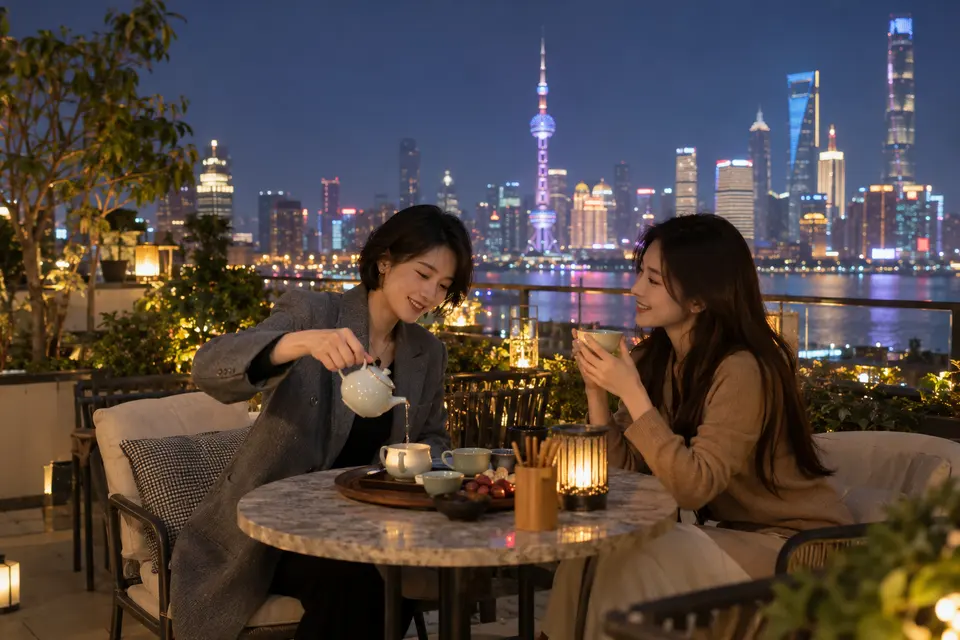 屋顶露台夜茶倒茶的交流场景